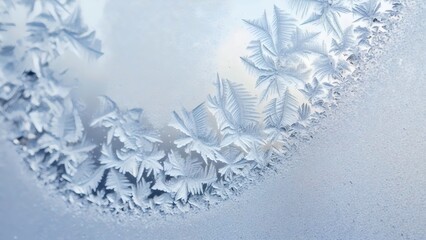 Crystalline frost geometric patterns close-up on transparent glass for modern winter abstraction and minimalist design