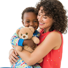 Mother hugging her child with a teddy bear isolated on transparent background