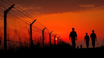Security Personnel Silhouettes Walking Along Fence at Sunset