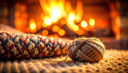 Yarn ball rests on floor near warm fire knitting yarn waits patiently beside warm hearth