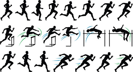 Track and field athlete silhouettes set, running men, sprinting, high jump, hurdles, sport vector illustration collection, competition icons, isolated white.