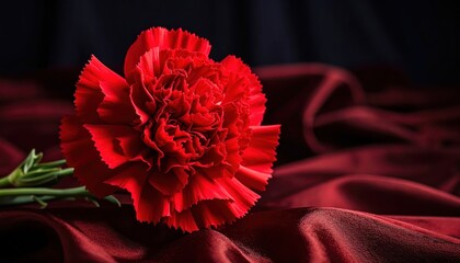 Red carnation blossom displayed on red cloth surface vibrant single red carnation rests on red fabric