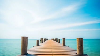 Wooden pier stretching into a bright blue ocean under a sunny sky
