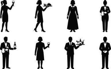 Waiter and waitress silhouette set, restaurant service staff icons, butler holding tray and wine, hospitality vector collection isolated on white background