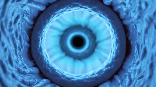 A closeup view inside a blue textured tunnel leading to concentric glowing blue rings and a deep black center