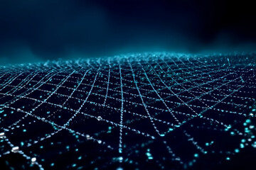 Abstract digital network grid with glowing blue and green lights creating a futuristic technological landscape with a dark background and a sense of depth and connectivity