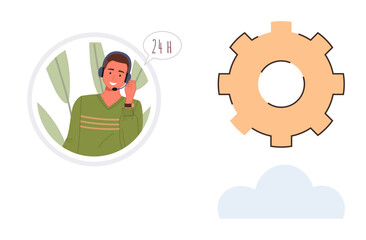 Customer service agent communicating with headset, 24-hour speech bubble. Adjacent gear and cloud symbols represent technology, solutions. Ideal for support, tech, teamwork, innovation