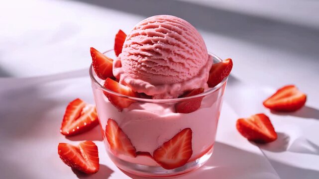 Strawberry ice cream in a cup with fresh strawberries and sweet dessert