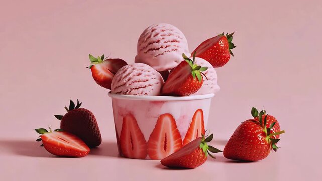 Strawberry ice cream in a cup with fresh strawberries and sweet dessert