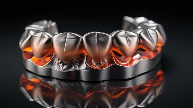 Closeup of a metallic dental arch with glowing orangered interior reflecting on a dark glossy surface
