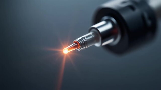 Closeup of a metallic devices tip with grooves emitting a glowing orange light against a dark bluegrey backdrop