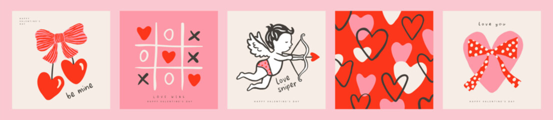Set of Valentines Day card designs in hand-drawn doodle style featuring a Cupid with a bow and arrow, hearts with bows, a cherry, and a tic-tac-toe game, in red and pink colors, symbolizing love and