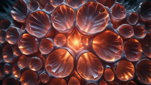 Closeup of numerous hollow translucent shelllike structures with internal orange glow and a central bright starburst