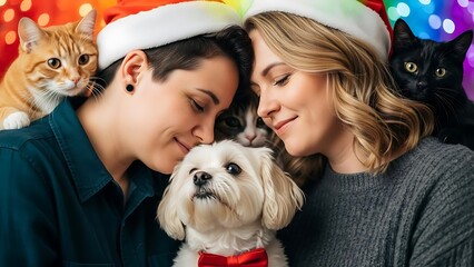 Family homo affective celebrating Christmas with pets included, heartwarming scene, Christmas rainbow background