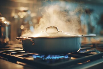 Steaming Pan Heating on a Lit Gas Stove Burner