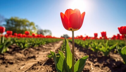 Single red tulip stands out among field of tulips striking red bloom contrasts with surrounding tulip field