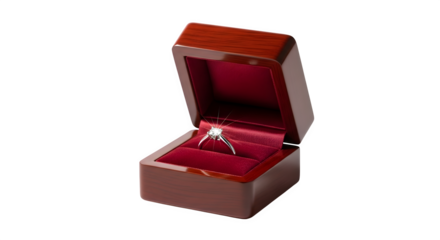 Elegant open jewelry box with a diamond ring inside presented on a transparent backdrop isolated on transparent background
