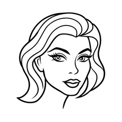 Black vector sketch of a fashion model's head and profile featuring beautiful hair, eyes, and lips, rendered in a line art style illustration