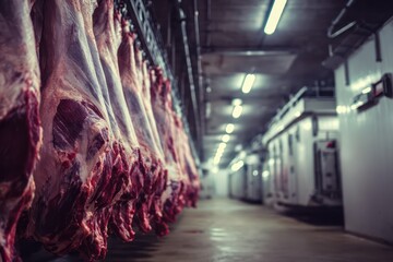 Beef Carcasses Hanging in Industrial Meat Processing Plant