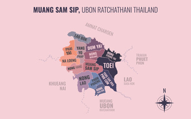Map showing Muang Sam Sip District Ubon Ratchathani Thailand divided into sub-districts with minimalist colorful patterns