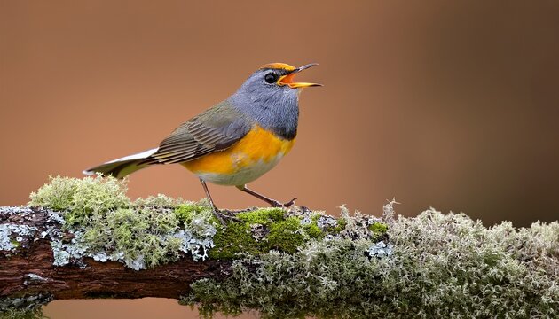 A Colorful Northern Parula Sings Out Its Song While Perched On A Branch With Green Lichen With A Smooth Brown Background