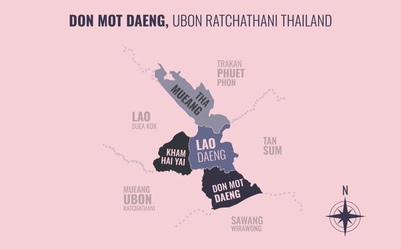 Map showing Don Mot Daeng District Ubon Ratchathani Thailand divided into sub-districts with minimalist colorful patterns