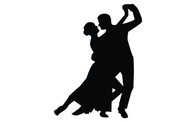 Silhouette of two dancers performing a romantic ballroom dance on white background