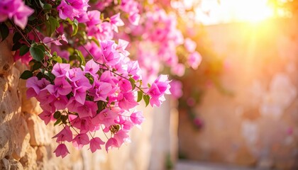 Rustic wall adorned with vibrant pink flowers detailed close up shows pink blooms on textured wall
