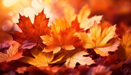 Fototapeta premium Autumn Leaves Abstract Composition With Falling Maple Foliage In Warm Tones For Seasonal Backgrounds