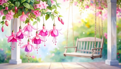 Floral swing hangs gracefully in serene outdoor setting ornate swing decorated with vibrant blossoms creates tranquil scene