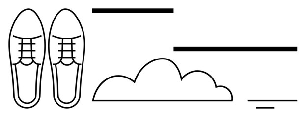 Fototapeta premium Line art concept. Minimalistic line drawing of shoes, cloud, and dynamic horizontal lines movement, lightness, and journey. Perfect for branding, posters, presentations ads and design inspiration