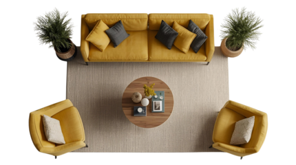 Modern living room furniture set top view with yellow sofa, armchairs, coffee table and home decor isolated on white background
