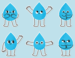 Water drop characters stickers. Drink more water.
