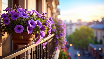 Purple flowers bloom in pot on sunny balcony vibrant purple flowers enhance balcony decor