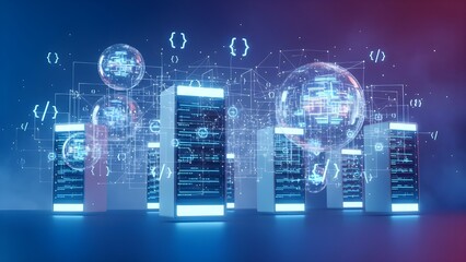 Abstract digital network visualization with connected, glowing data blocks and illuminated pathways, representing modular data processing, flow, and digital architecture.