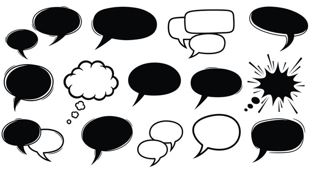 Collection of various black and white comic speech bubbles and thought balloons