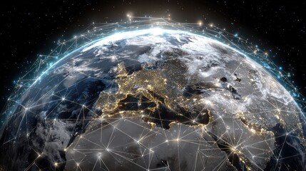 Glowing Global Network Overlaid on Detailed Earth Rendering Concept