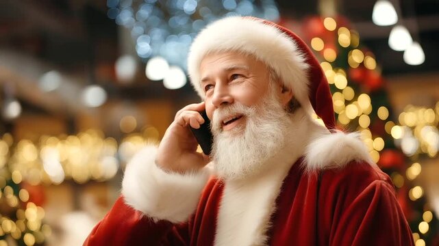 Friendly Santa performer, talks families phone, holiday season spreading, holiday cheer man, dressed Father Christmas, creating joyful atmosphere, speaking cellphone festive, facel