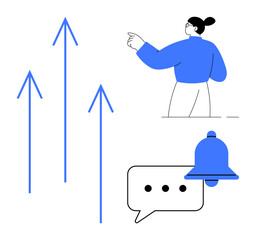 Business growth, communication strategies, notifications, alerts, teamwork, direction. Upward arrows, a woman pointing notification bell and message bubble. Growth and communication