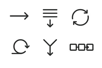 Fototapeta premium Data Flow Icons. Line style icons of Data Flow: input arrow, output stream, sync symbol, loop node, merge path, process chain. No