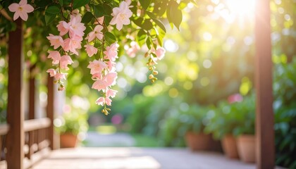 Pink flowers hang over wooden bench rustic wooden bench features vibrant pink blooms