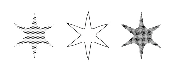 Obraz premium Three variations of a sixpointed star shape ascii art, outline, and textured fill