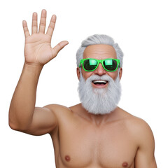Santa claus with green sunglasses waving hello isolated on transparent background