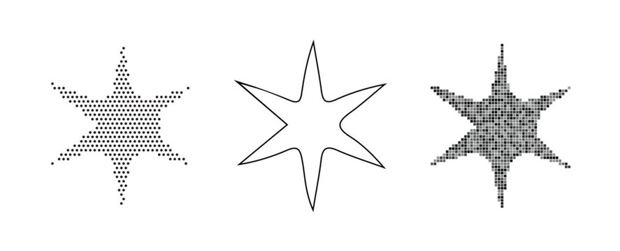 Three variations of a sixpointed star shape ascii art, outline, and textured fill