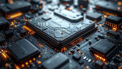 Tech Circuit: An abstract close-up shot of an intricate circuit board, highlighting its complexity and technological advancement, featuring integrated circuit components. 