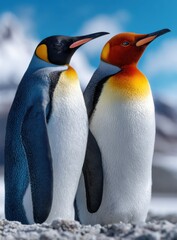 Fototapeta premium two penguins, one is black and white with a yellow beak, the other has an orange head and neck, with a blue sky background
