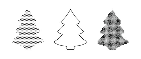Three styles of christmas tree icons dotted, outline, and mosaic