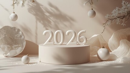 Minimalist winter scene with elegant 2026 display, soft beige tones, frosted branches and modern ornaments. A serene festive concept for premium designs. Cloud Dancer 2026.