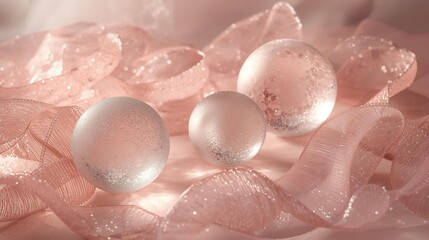 Elegant soft pink glass ornaments with sparkling details and delicate ribbon. A dreamy, romantic atmosphere, perfect for holiday, wedding, or abstract design. Cloud Dancer 2026.
