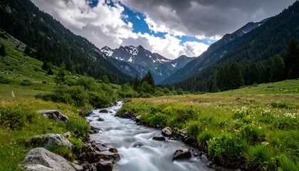 Mountain stream flows through a lush valley, forested slopes, and clouded peaks in the distance